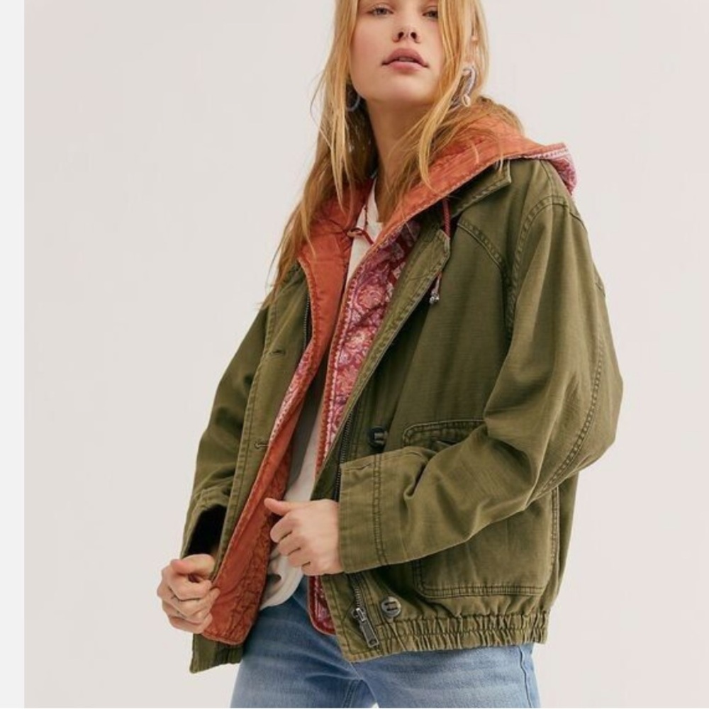 Free people double layered quilted cargo jacket